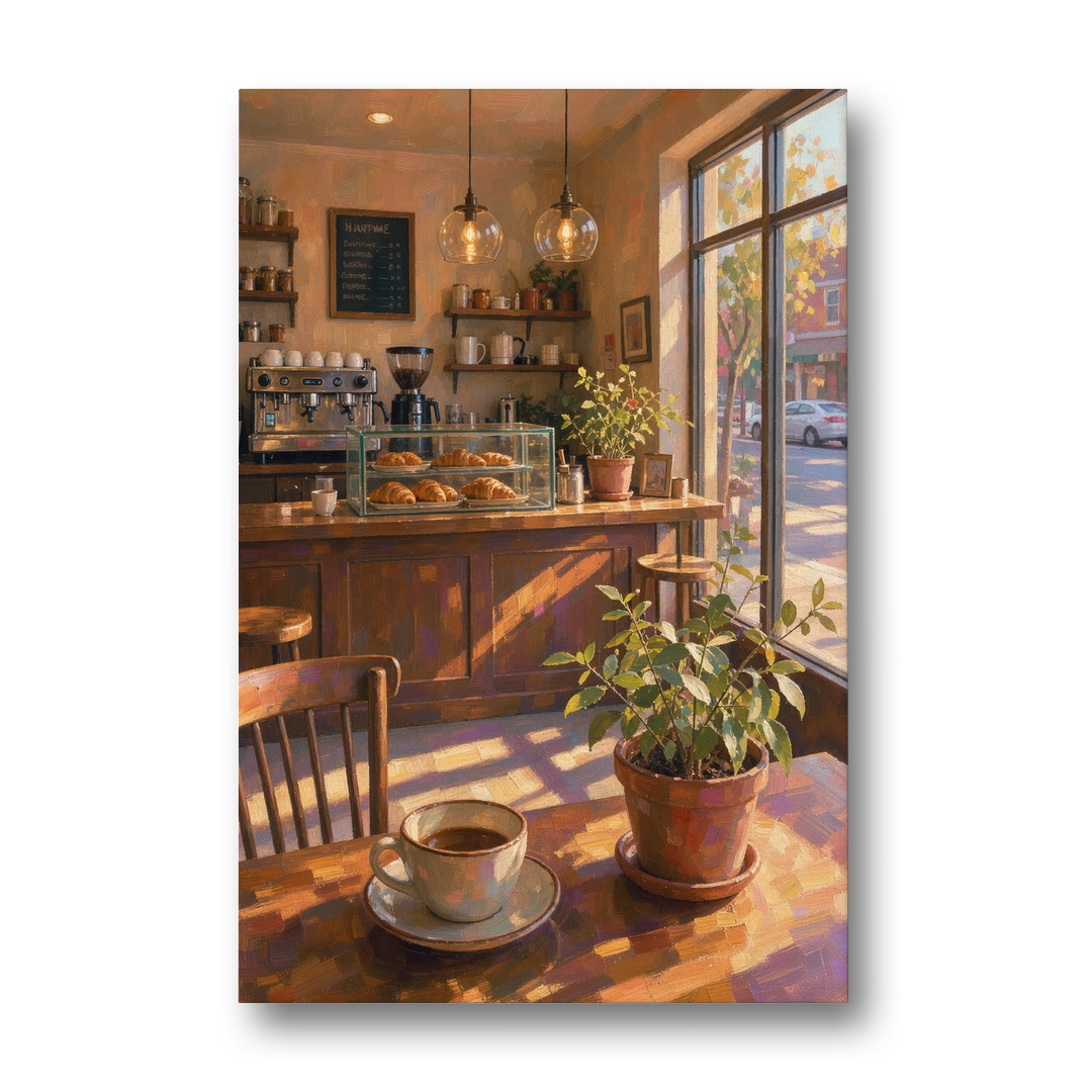 Neighborhood Coffee Shop at Golden Hour - Canvas Wall Art - Front