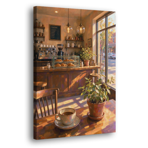 Neighborhood Coffee Shop at Golden Hour for the Kitchen - Canvas Wall Art