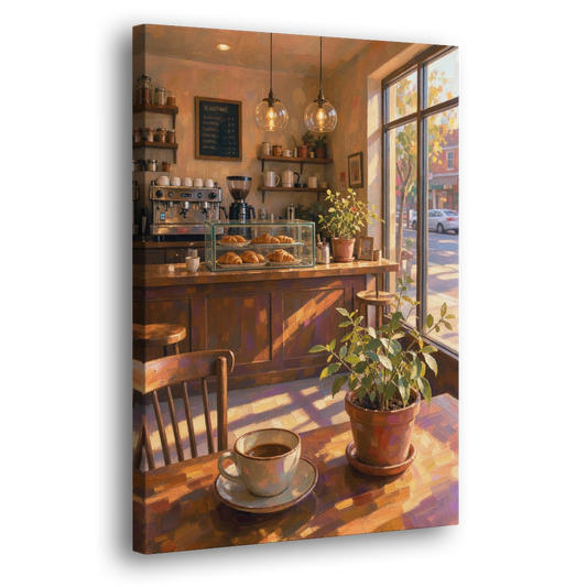 Neighborhood Coffee Shop at Golden Hour - Canvas Wall Art - Side