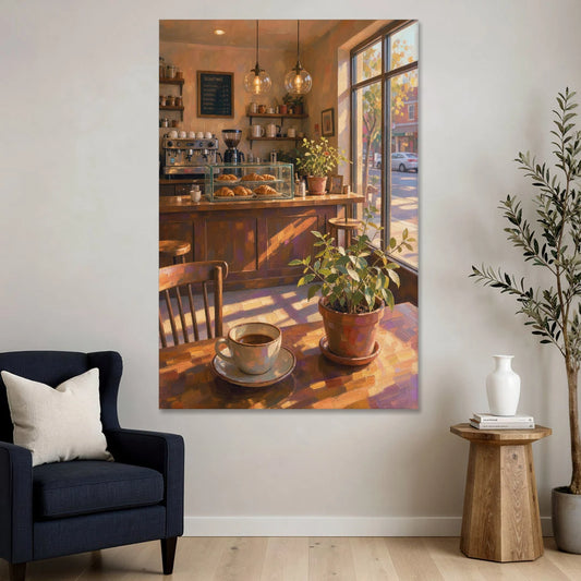 Neighborhood Coffee Shop at Golden Hour for the Kitchen - Canvas Wall Art - Sofa - 40x60