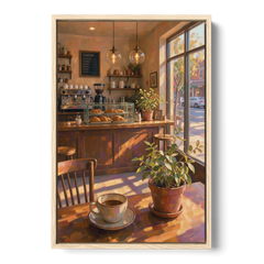 Neighborhood Coffee Shop at Golden Hour for the Kitchen - Oak Framed Canvas Wall Art - Front