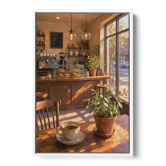 Neighborhood Coffee Shop at Golden Hour for the Kitchen - White Framed Canvas Wall Art - Front