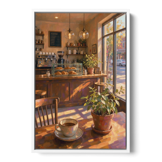 Neighborhood Coffee Shop at Golden Hour for the Kitchen - White Framed Canvas Wall Art - Front