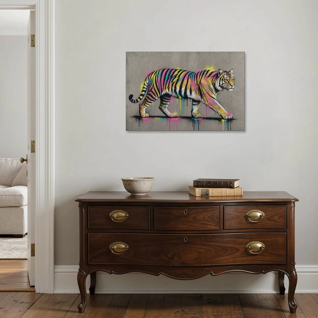 Neon Tiger Art on Grey Concrete - Canvas Wall Art - Coffee Table - 36x24