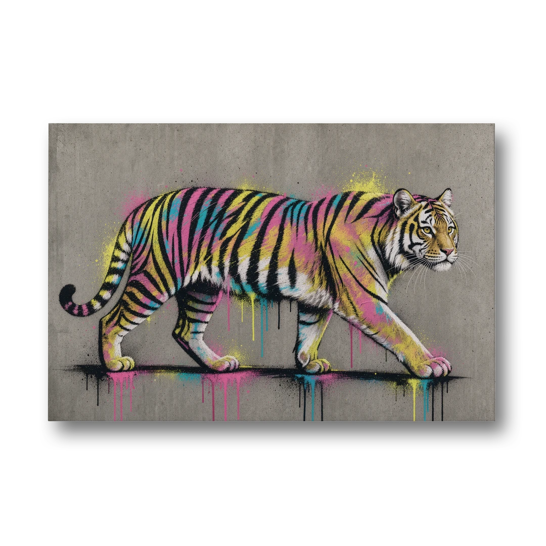 Neon Tiger Art on Grey Concrete - Canvas Wall Art - Front