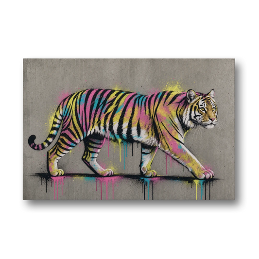 Neon Tiger Street Art on Grey Concrete - Canvas Wall Art - Front