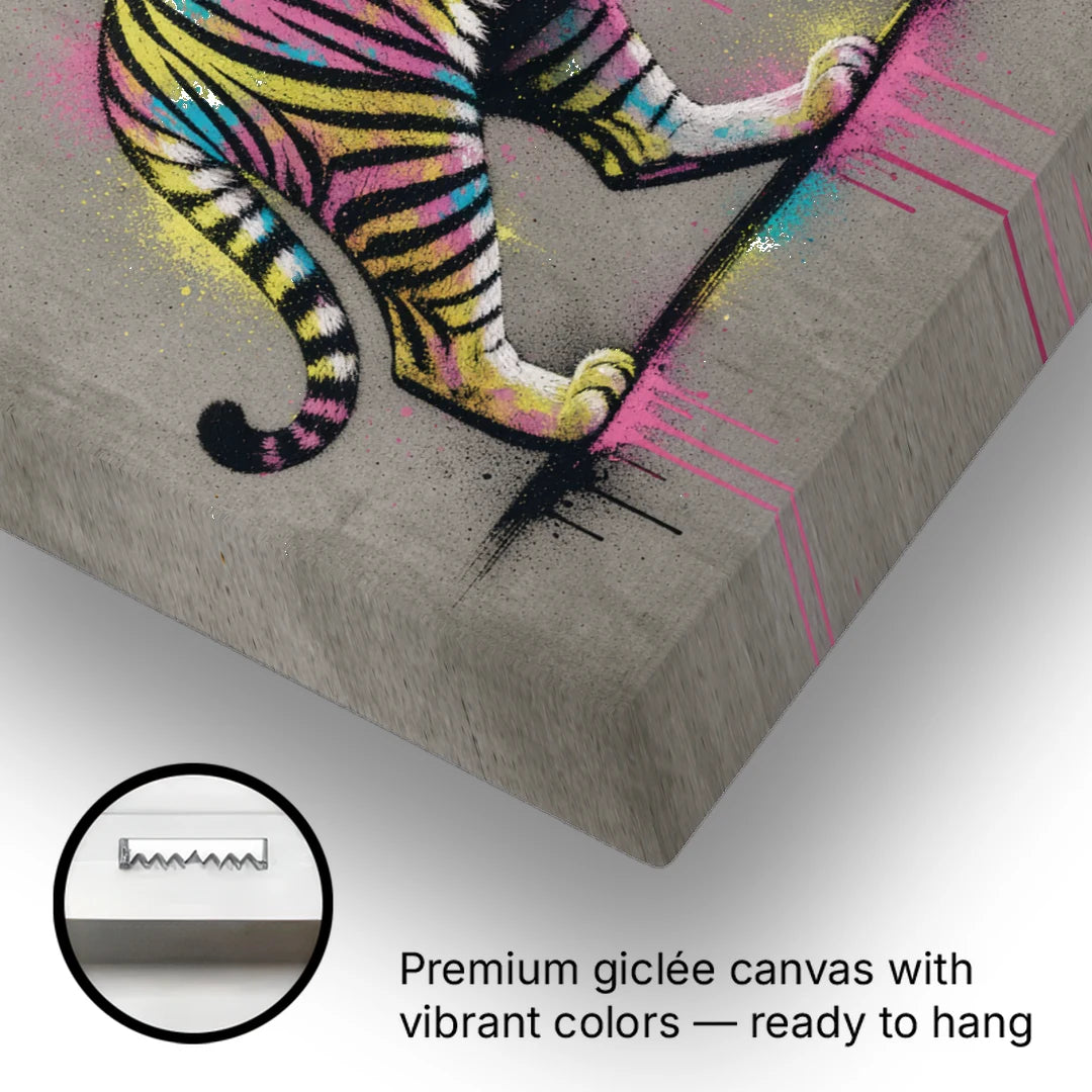 Neon Tiger Art on Grey Concrete - Canvas Wall Art - Gallery Wrap Corner