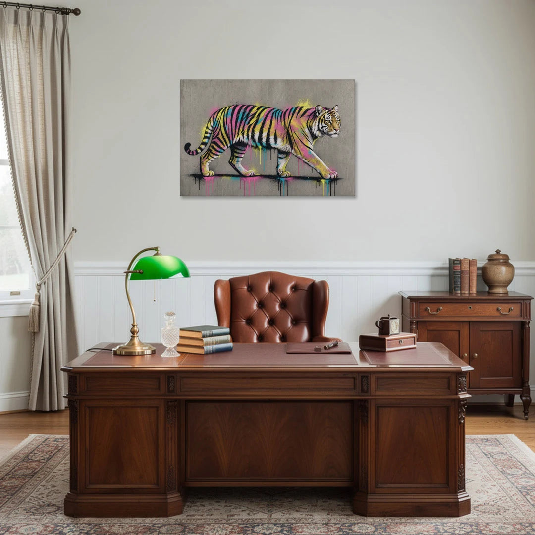 Neon Tiger Art on Grey Concrete - Canvas Wall Art - Office - 36x24