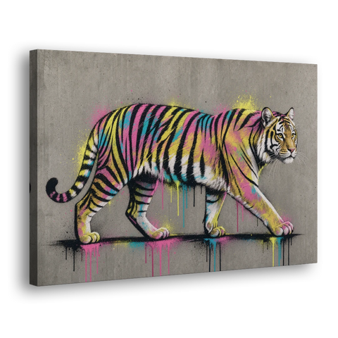 Neon Tiger Street Art on Grey Concrete - Canvas Wall Art