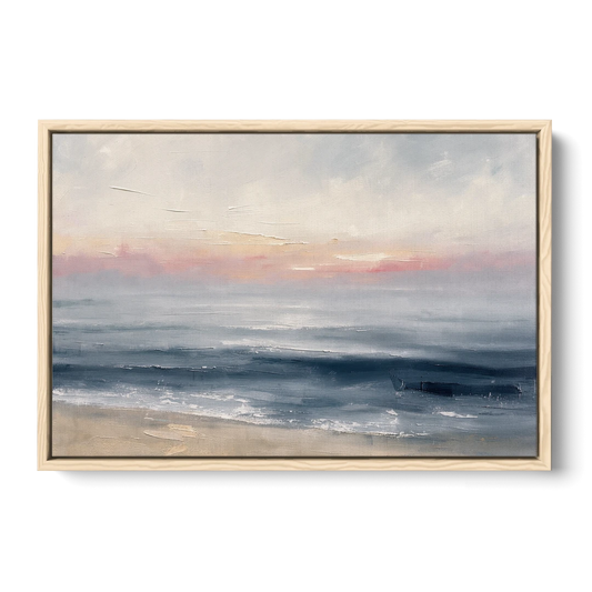 Neutral Abstract Painting of a Blush Horizon - Oak Framed Canvas Wall Art - Front