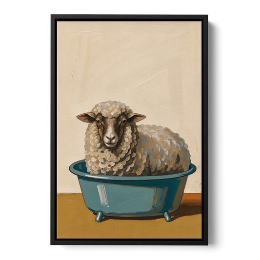Neutral Bathroom Wall Decor Sheep in a Washtub - Black Framed Canvas Wall Art - Front