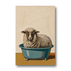 Neutral Bathroom Wall Decor Sheep in a Washtub - Canvas Wall Art - Front
