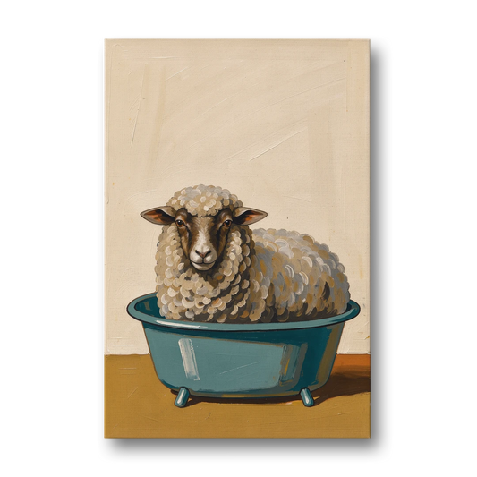 Neutral Bathroom Wall Decor Sheep in a Washtub - Canvas Wall Art - Front