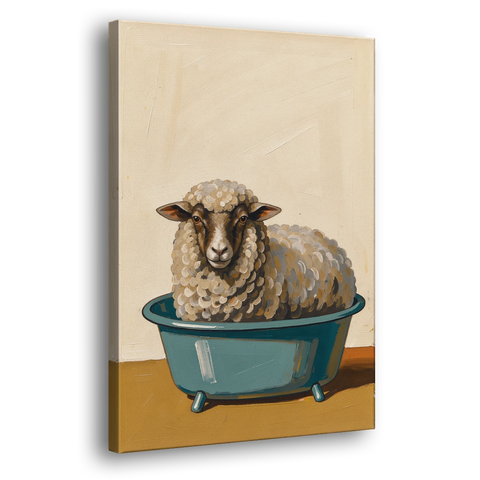 Neutral Bathroom Wall Decor Sheep in a Washtub - Canvas Wall Art - Side