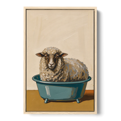 Neutral Bathroom Wall Decor Sheep in a Washtub - Oak Framed Canvas Wall Art - Front