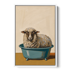 Neutral Bathroom Wall Decor Sheep in a Washtub - White Framed Canvas Wall Art - Front