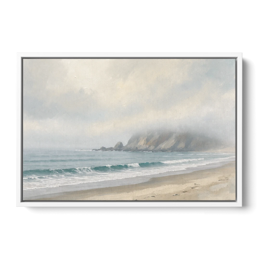 Neutral Bedroom Wall Art of a Foggy Headland - White Framed Canvas Wall Art - Front