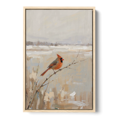 Neutral Christmas Willow Twig Cardinal - Oak Framed Canvas Wall Art - Front