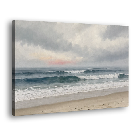 Neutral Coastal Pink Glow Over Gray Surf - Canvas Wall Art - Side
