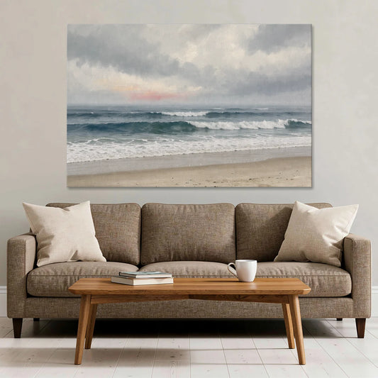 Neutral Coastal Pink Glow Over Gray Surf - Canvas Wall Art - Sofa - 60x40