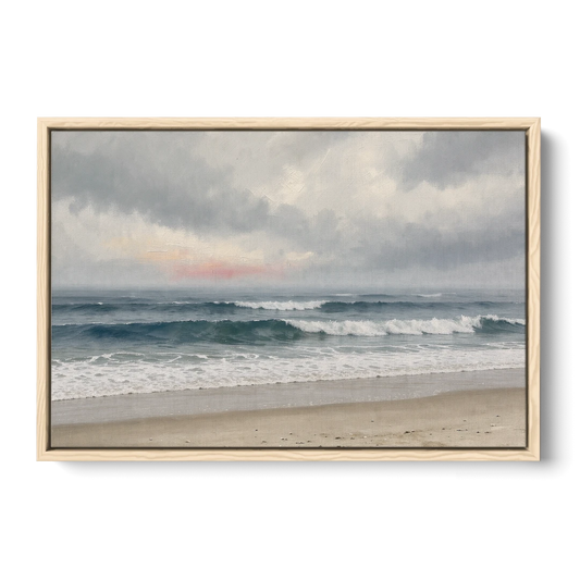 Neutral Coastal Pink Glow Over Gray Surf - Oak Framed Canvas Wall Art - Front