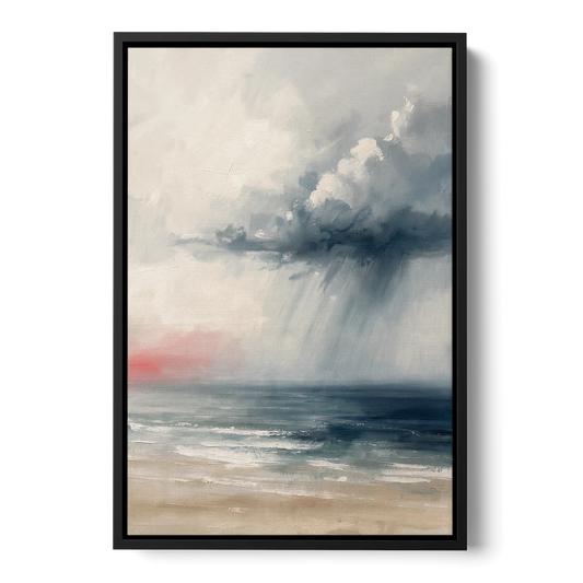 Neutral Distant Rain Squall Over a Calm Sea - Black Framed Canvas Wall Art - Front