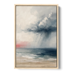 Neutral Distant Rain Squall Over a Calm Sea - Oak Framed Canvas Wall Art - Front