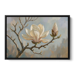 Neutral Flower Painting of a Cream Magnolia Branch - Black Framed Canvas Wall Art - Front