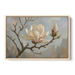 Neutral Flower Painting of a Cream Magnolia Branch - Oak Framed Canvas Wall Art - Front
