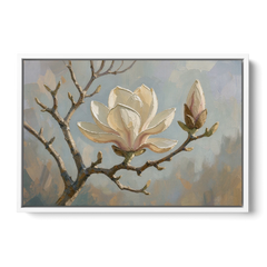 Neutral Flower Painting of a Cream Magnolia Branch - White Framed Canvas Wall Art - Front