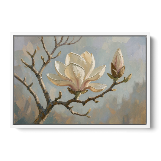 Neutral Flower Painting of a Cream Magnolia Branch - White Framed Canvas Wall Art - Front