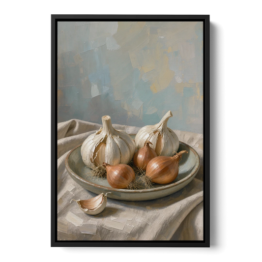 Neutral Garlic and Shallots on Linen for the Kitchen - Black Framed Canvas Wall Art - Front