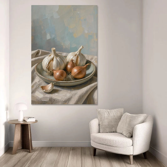 Neutral Garlic and Shallots on Linen for the Kitchen - Canvas Wall Art - Sofa - 40x60