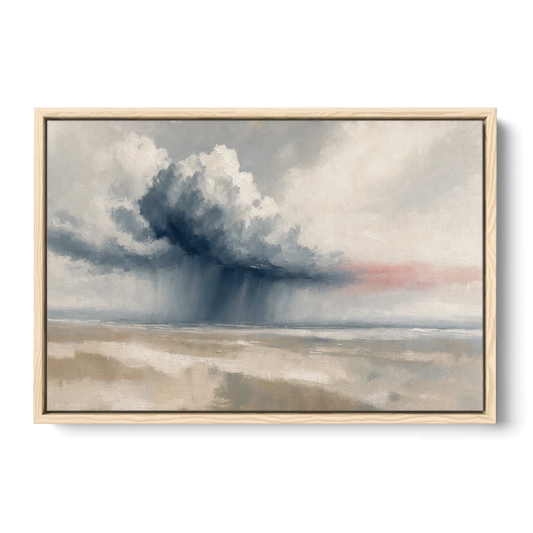 Neutral Landscape of Passing Rain Over the Plain - Oak Framed Canvas Wall Art - Front