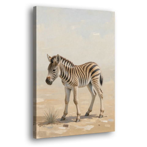 Neutral Safari Nursery Decor with a Wobbly Zebra Foal - Canvas Wall Art - Side
