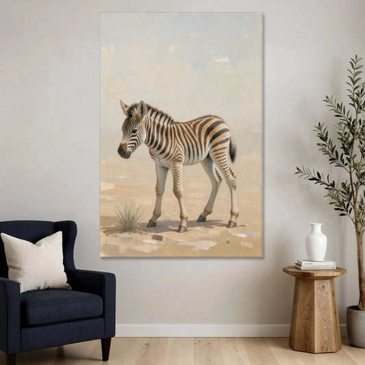 Neutral Safari Nursery Decor with a Wobbly Zebra Foal - Canvas Wall Art - Sofa - 40x60