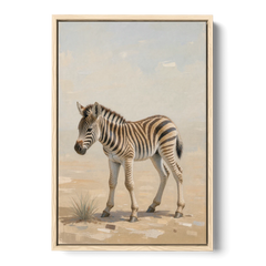 Neutral Safari Nursery Decor with a Wobbly Zebra Foal - Oak Framed Canvas Wall Art - Front