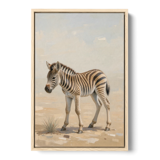 Neutral Safari Nursery Decor with a Wobbly Zebra Foal - Oak Framed Canvas Wall Art - Front