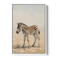 Neutral Safari Nursery Decor with a Wobbly Zebra Foal - White Framed Canvas Wall Art - Front