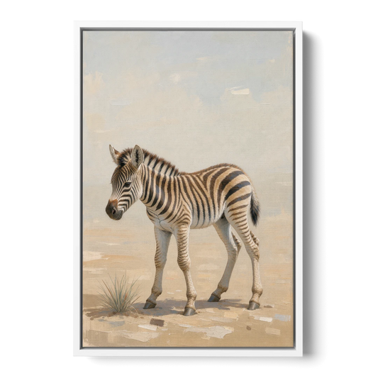 Neutral Safari Nursery Decor with a Wobbly Zebra Foal - White Framed Canvas Wall Art - Front