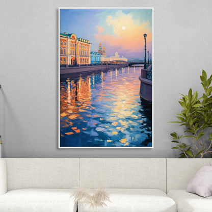Neva River Reflections Living Room - White Canvas Wall Art