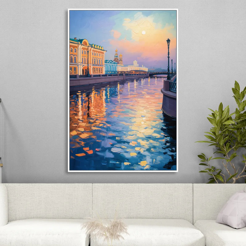 Neva River Reflections Living Room - White Canvas Wall Art