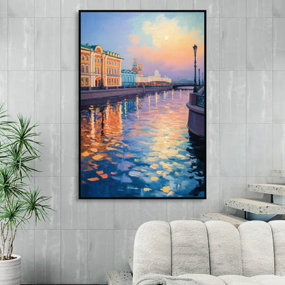 Neva River Reflections Living Room - Black Canvas Wall Art