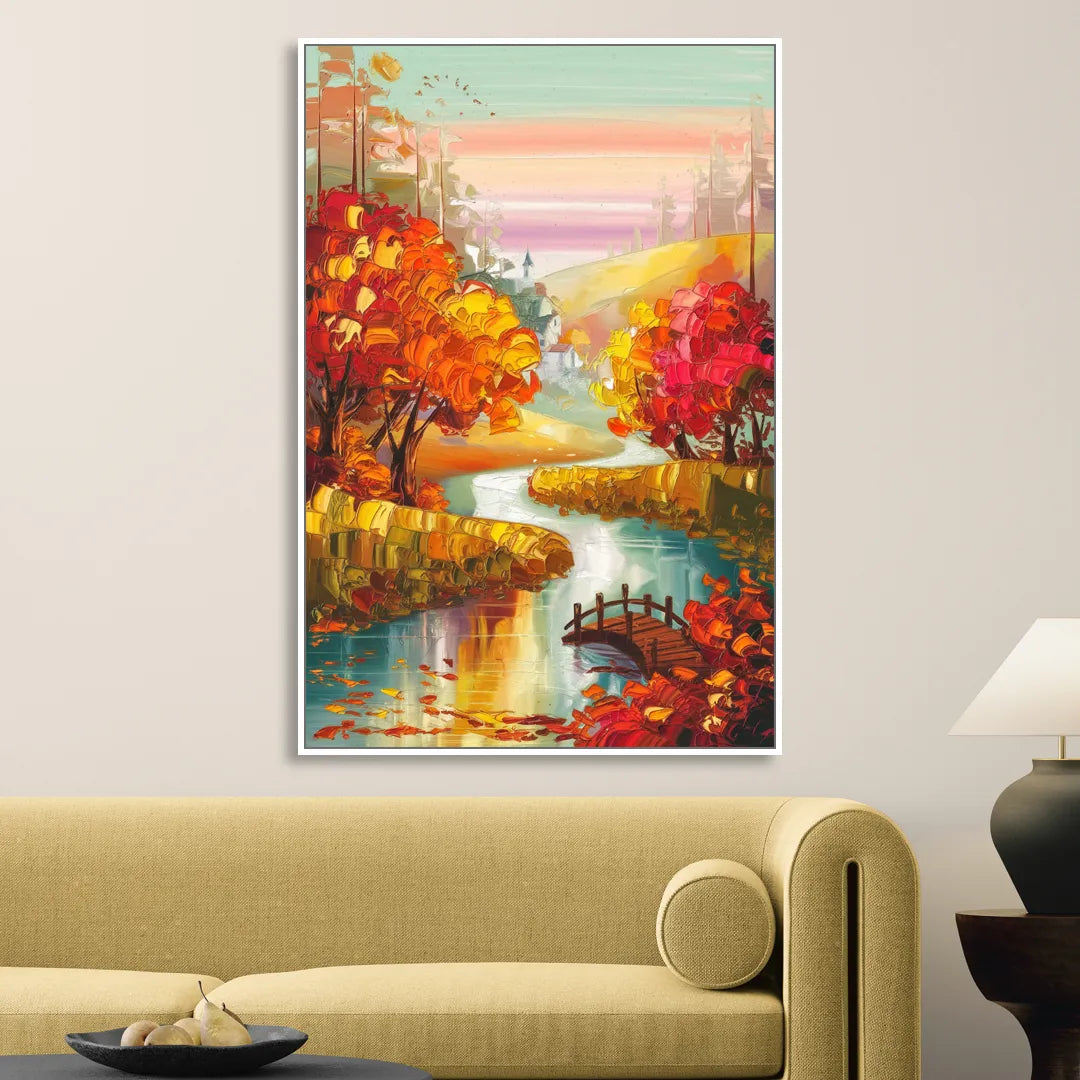 New Hope Autumn Landscape Living Room - White Canvas Wall Art
