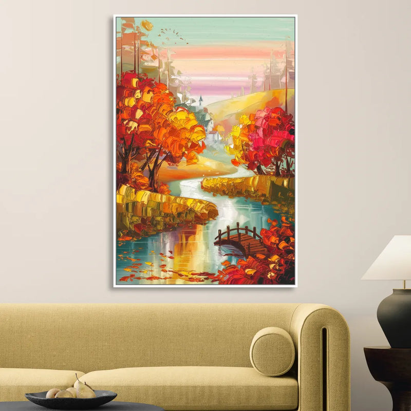 New Hope Autumn Landscape Living Room - White Canvas Wall Art