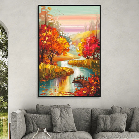 New Hope Autumn Landscape Living Room - Black Canvas Wall Art