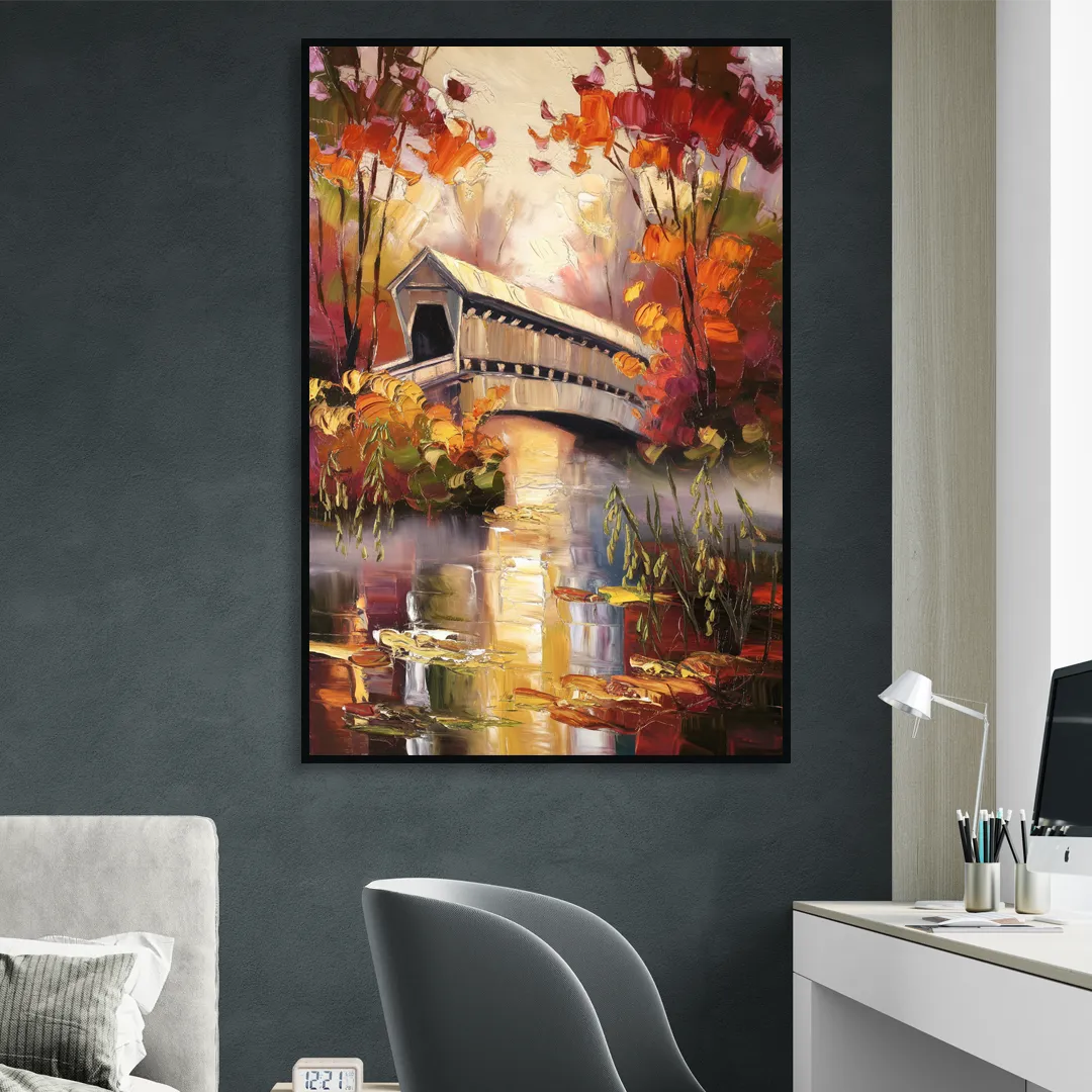 New Hope Covered Bridge Scene Living Room - Black Canvas Wall Art