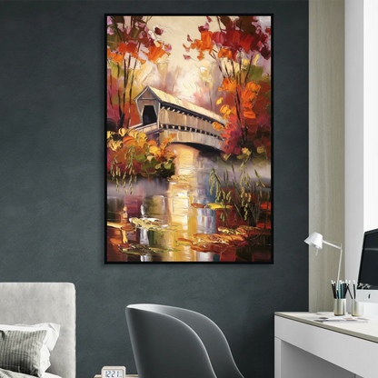New Hope Covered Bridge Scene Living Room - Black Canvas Wall Art