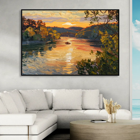 New Hope Delaware River Sunset Living Room - Black Canvas Wall Art