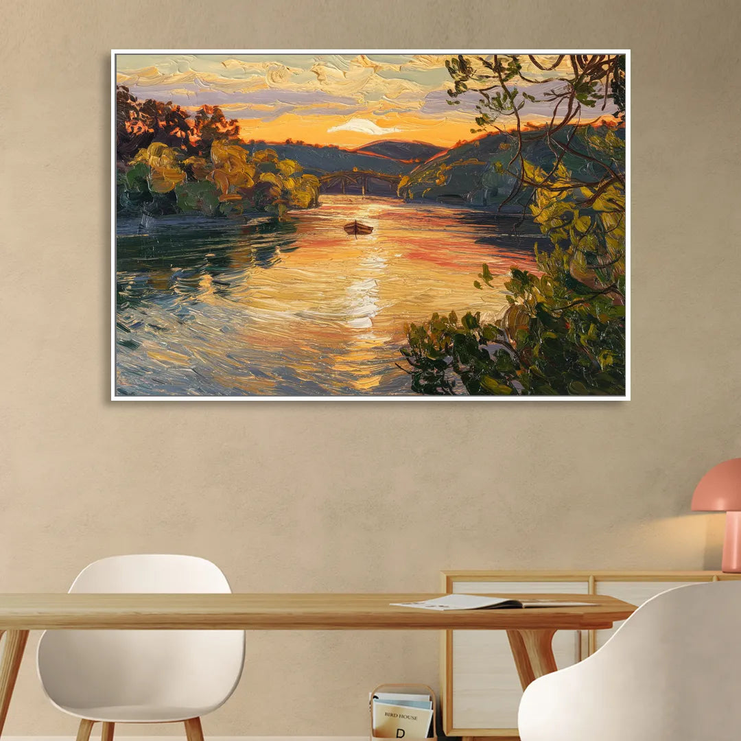 New Hope Delaware River Sunset Living Room - White Canvas Wall Art